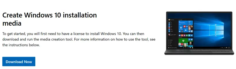 A screenshot showing the button to download Windows 10 from Microsoft’s website.