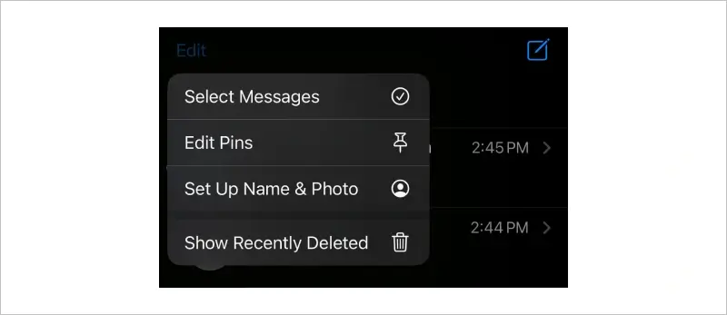 Screenshot showing the Edit option within the Messages app on iPhone.