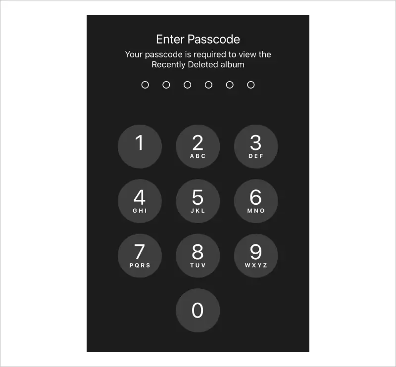 Screenshot of the passcode requirement to view the Recently Deleted album in the Photos app.