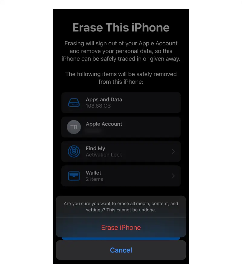 Screenshot showing how to erase an iPhone to restore an iCloud backup.