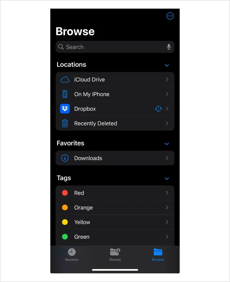 Screenshot of the Recently Deleted folder in the Locations menu on the Files app.