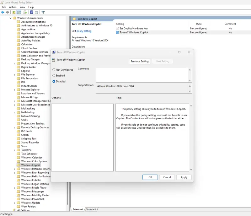 A screenshot showing the setting to turn off Copilot in Group Policy Editor on Windows.