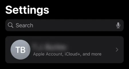 A screenshot showing the location of the Apple Account menu in the Settings app on iPhone.