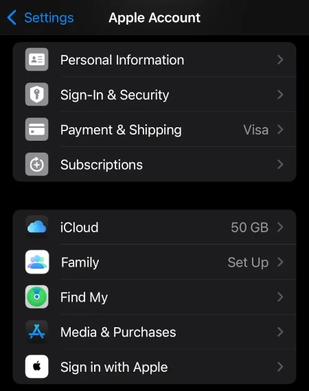 A screenshot showing the location of the iCloud account menu on iPhone.