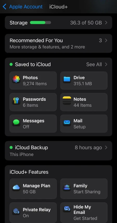 A screenshot showing the iCloud backup menu on iPhone.