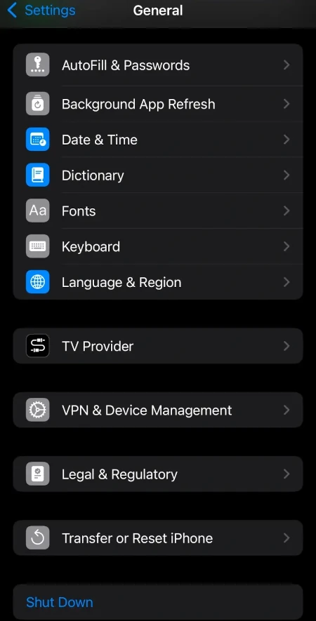 A screenshot showing the option to transfer or reset the iPhone.