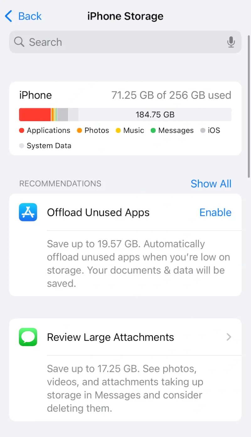 A screenshot showing the Storage screen on iPhone.