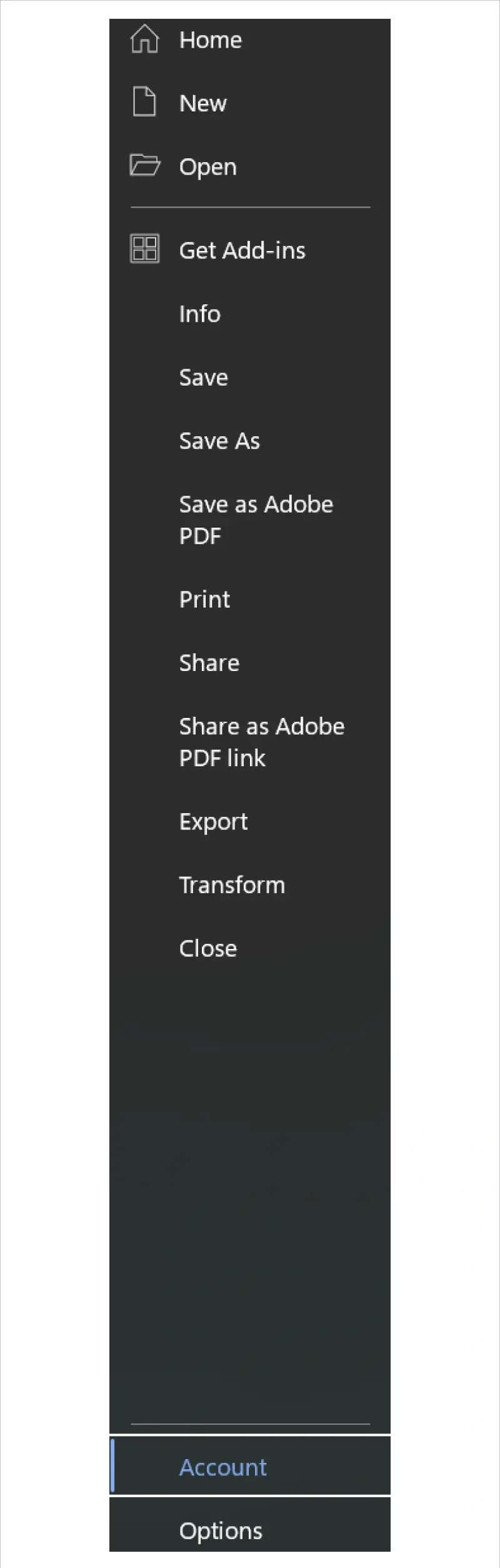 A screenshot showing the location of Account settings in a Microsoft 365 app.