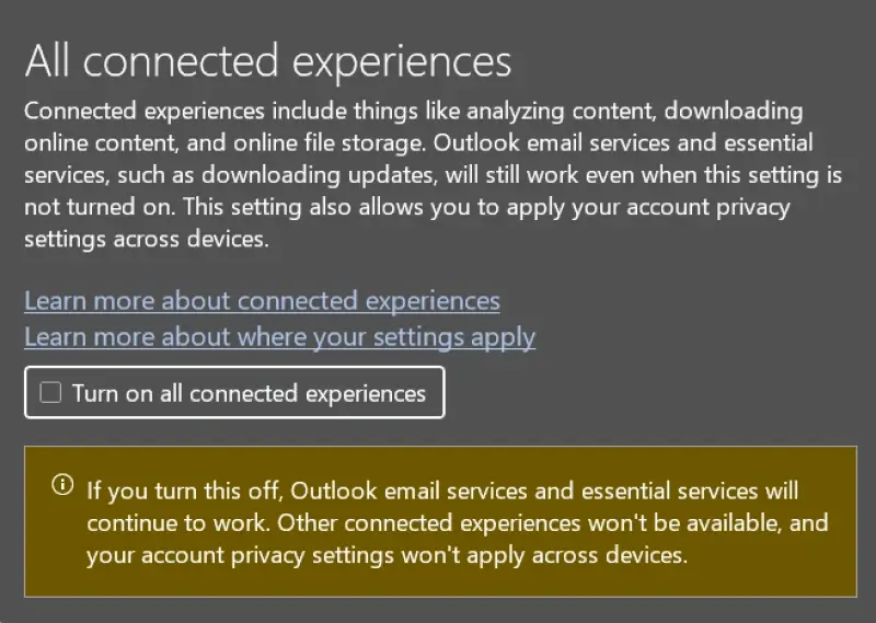 A screenshot showing the option to disable connected experiences.