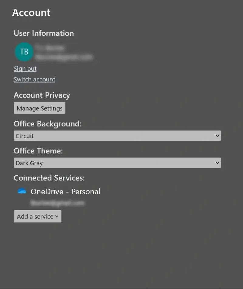 A screenshot showing the location of privacy settings in a Microsoft 365 app.