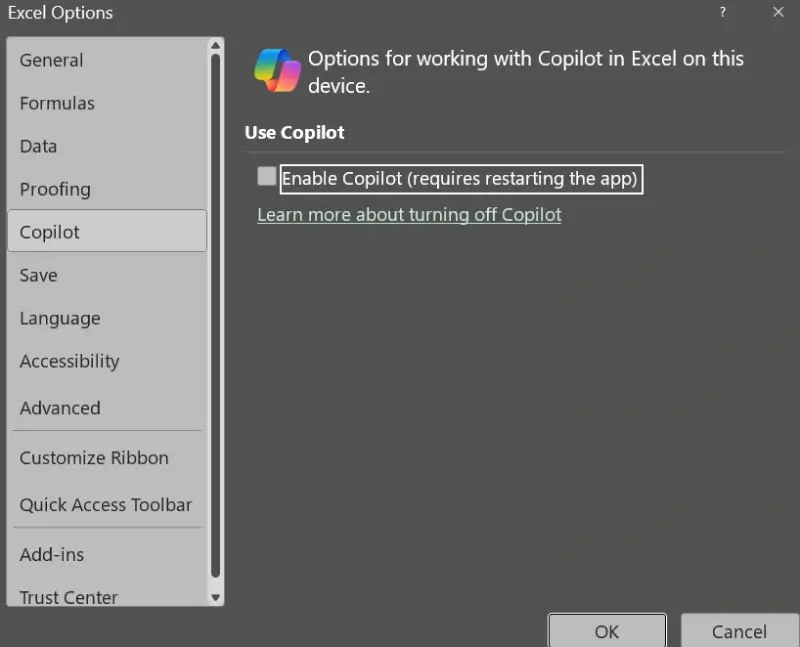 A screenshot showing the option to uncheck Enable Copilot in Microsoft Excel.