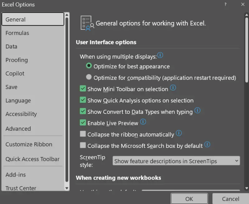 A screenshot showing the Options menu in Microsoft Excel.