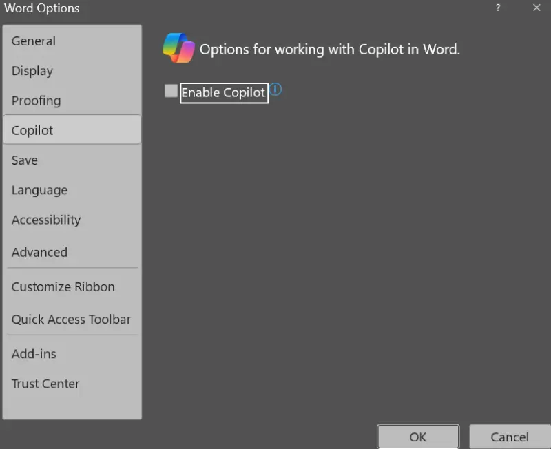 A screenshot showing the option to uncheck Enable Copilot in Microsoft Word.