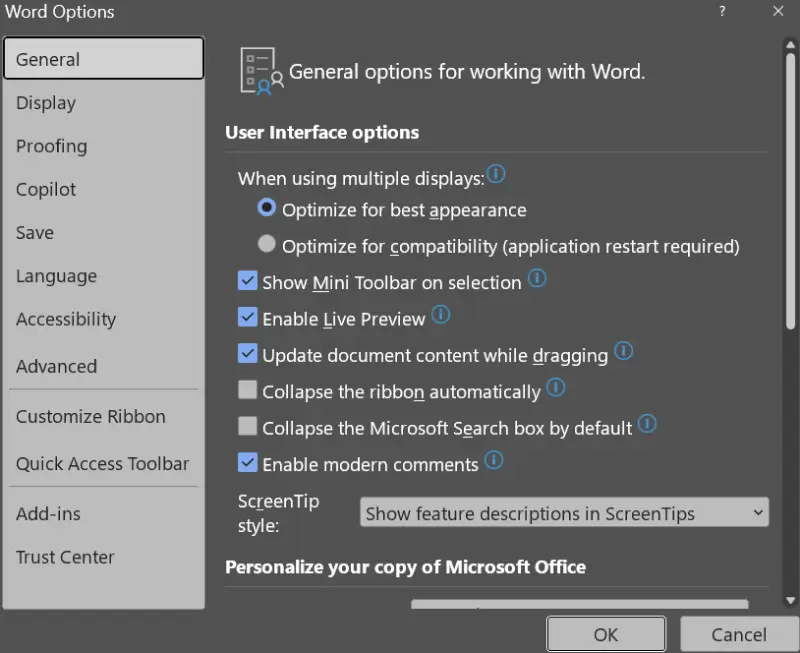 A screenshot showing the Options menu in Microsoft Word.