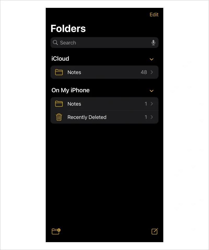 Screenshot showing the location of the Recently Deleted folder in the Notes app.