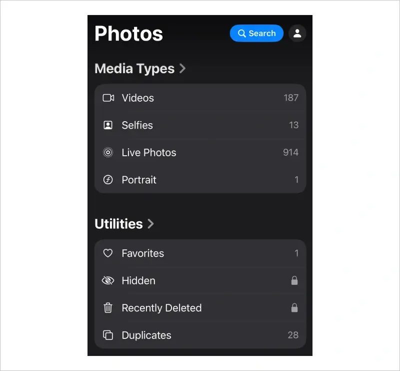 Screenshot of the Utilities menu in the Photos app on iPhone.