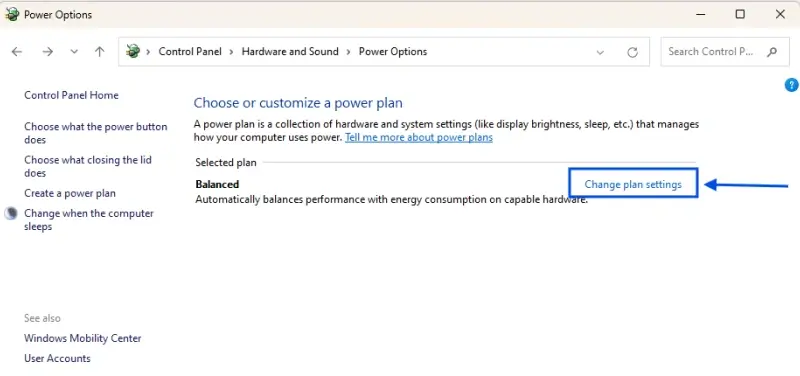 Control Panel Power Options on Windows