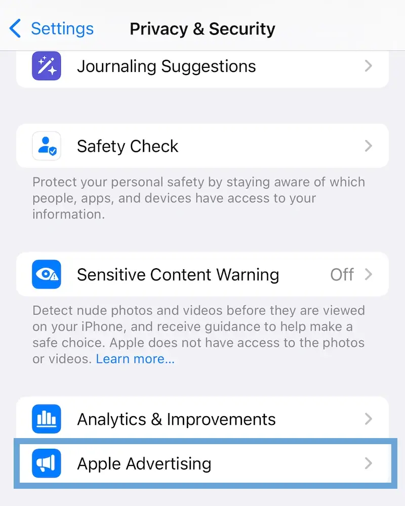 A screenshot showing Privacy and Security settings on iPhone.