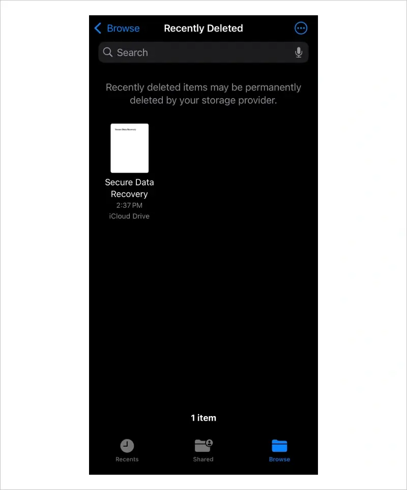 Screenshot of a document in the Recently Deleted folder in the Files app.