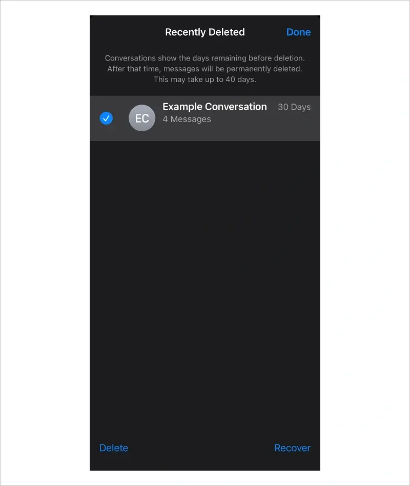 Screenshot of messages in the Recently Deleted folder in the Messages app.