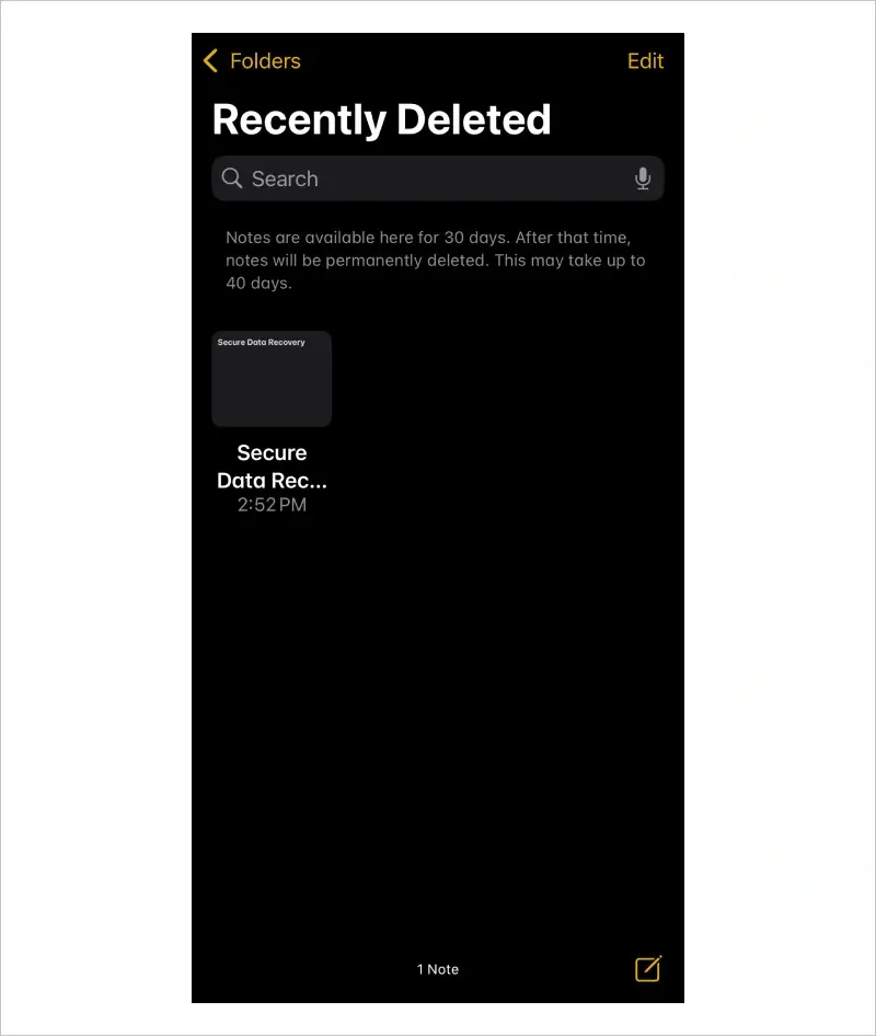 Screenshot of a note in the Recently Deleted folder in the Notes app.