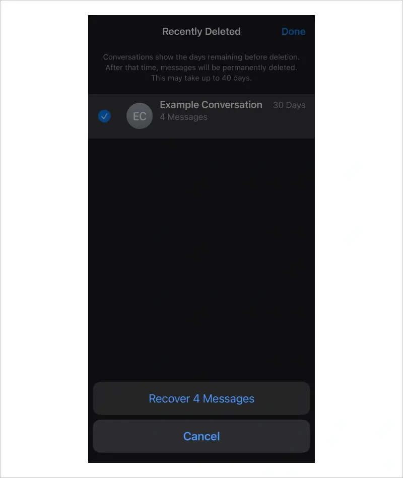 Screenshot showing how to recover deleted text messages in the Messages app on iPhone.