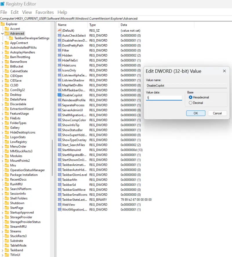 A screenshot showing the option to change value data in the Registry Editor and disable Copilot.