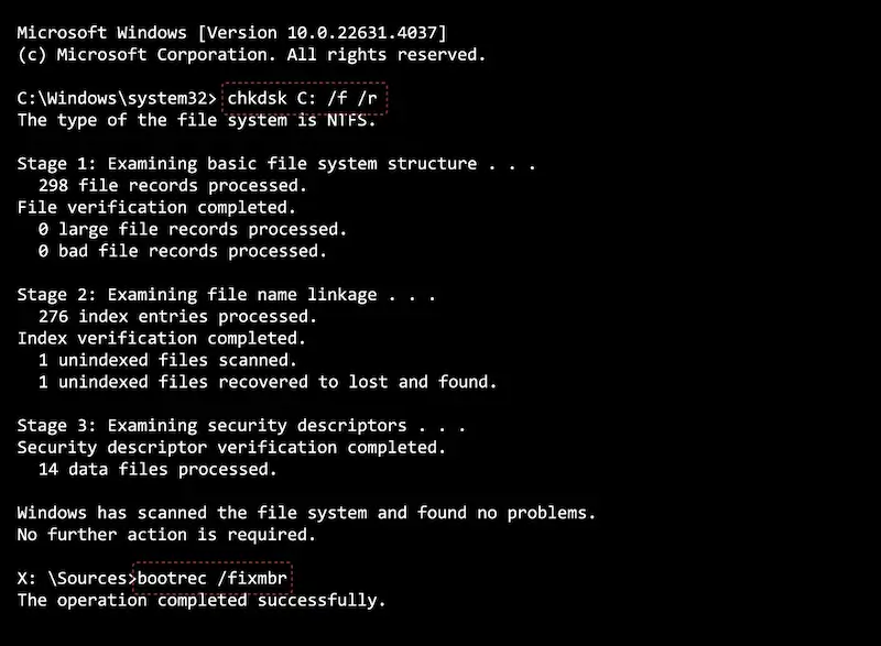 Running chkdsk and fixmbr for disk repairs