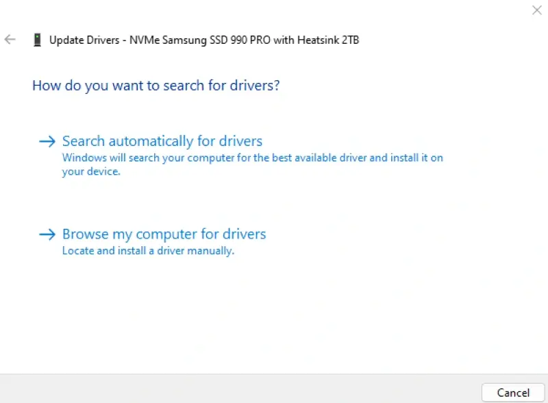 A screenshot showing the option to search for drivers automatically in Device Manager on Windows 11.