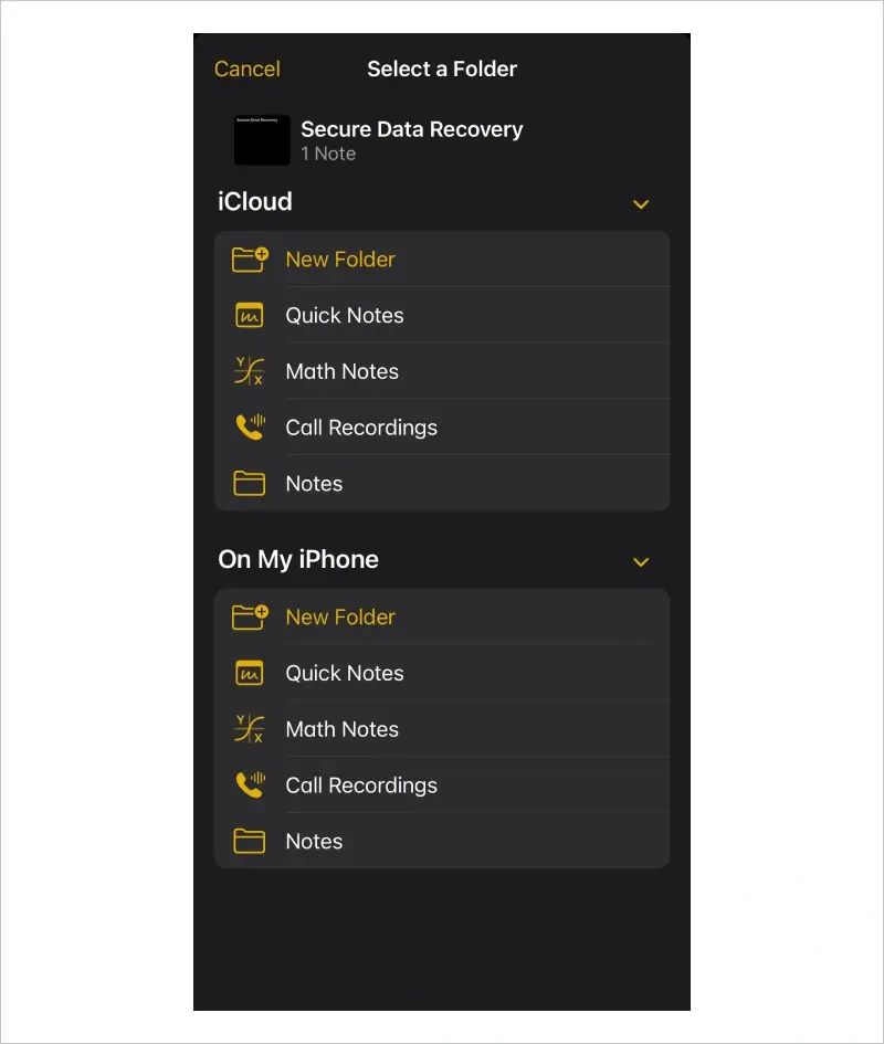 Screenshot showing options for the destination folder in the Notes app.