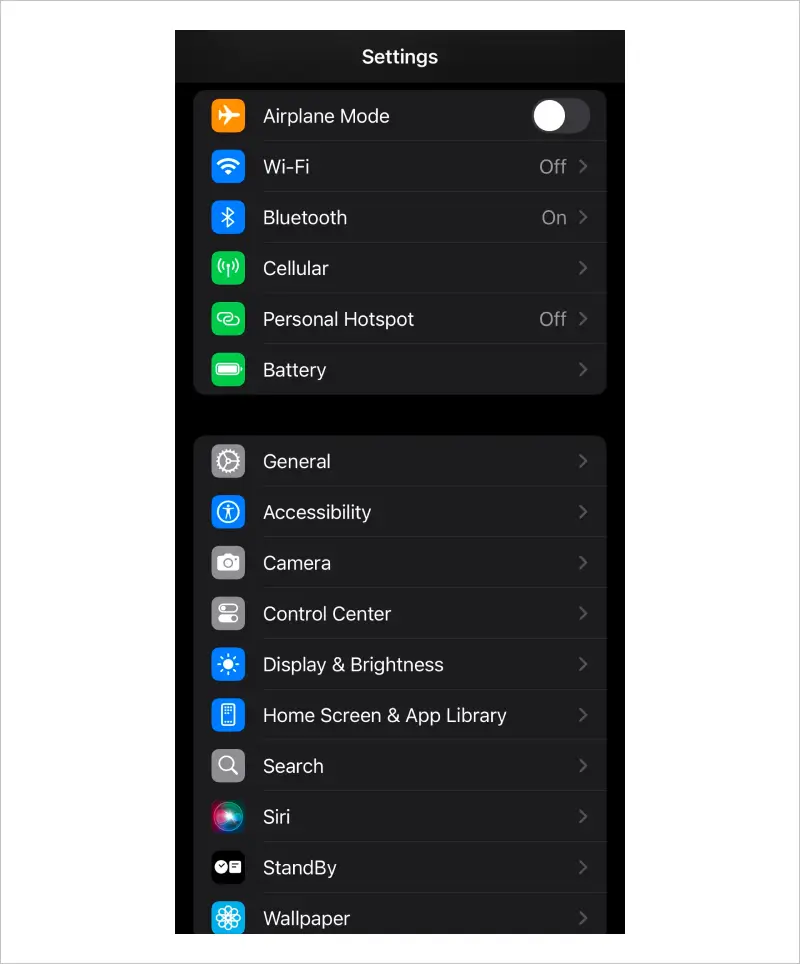 Screenshot showing the Settings menu on iPhone.