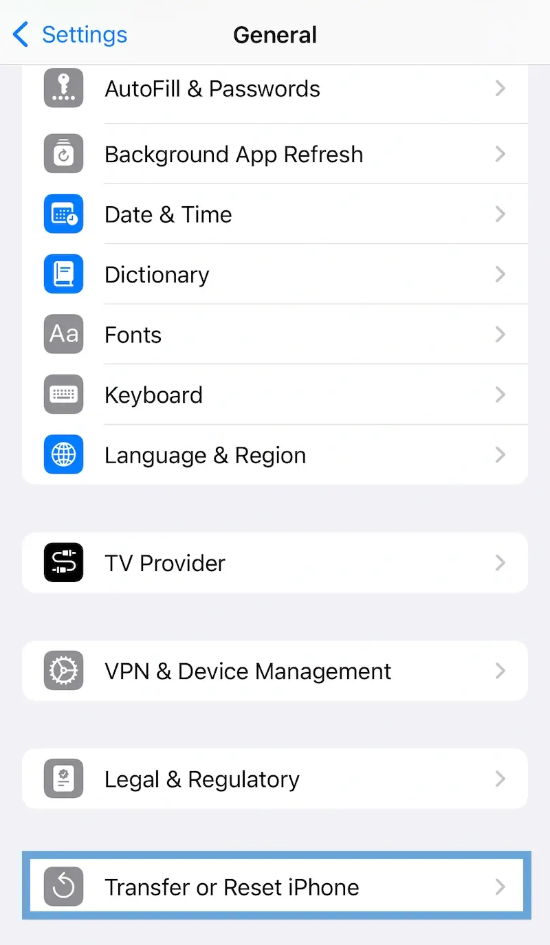 A screenshot showing the option in General settings to reset an iPhone.