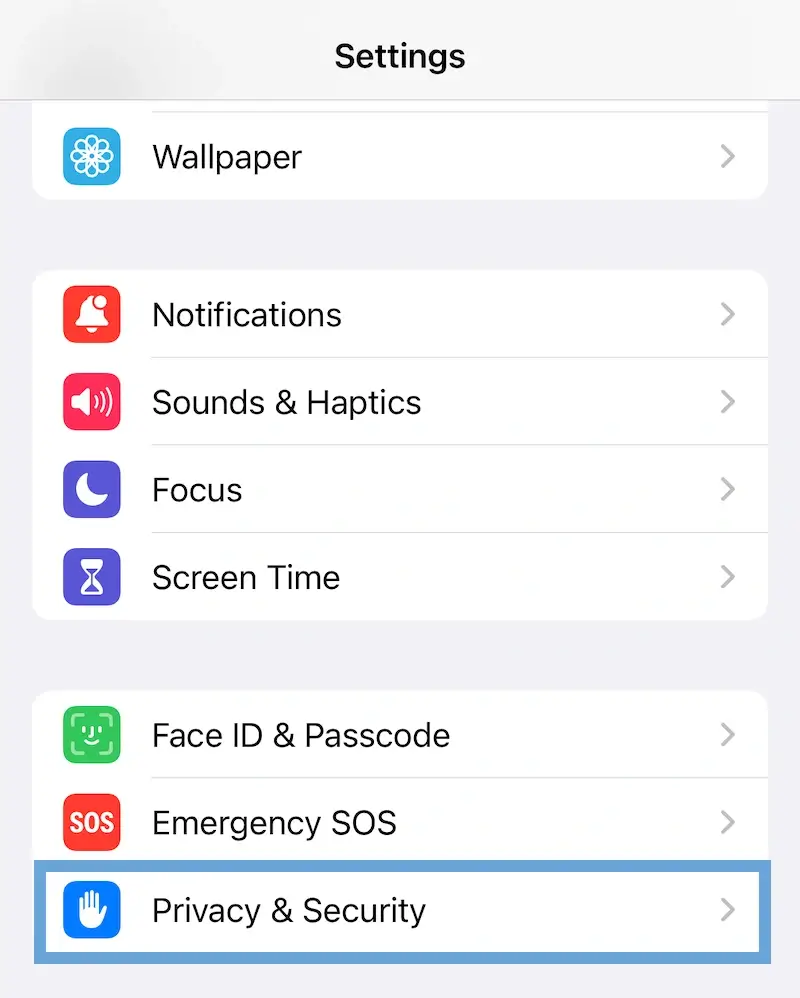 A screenshot showing the Privacy and Security option on iPhone.