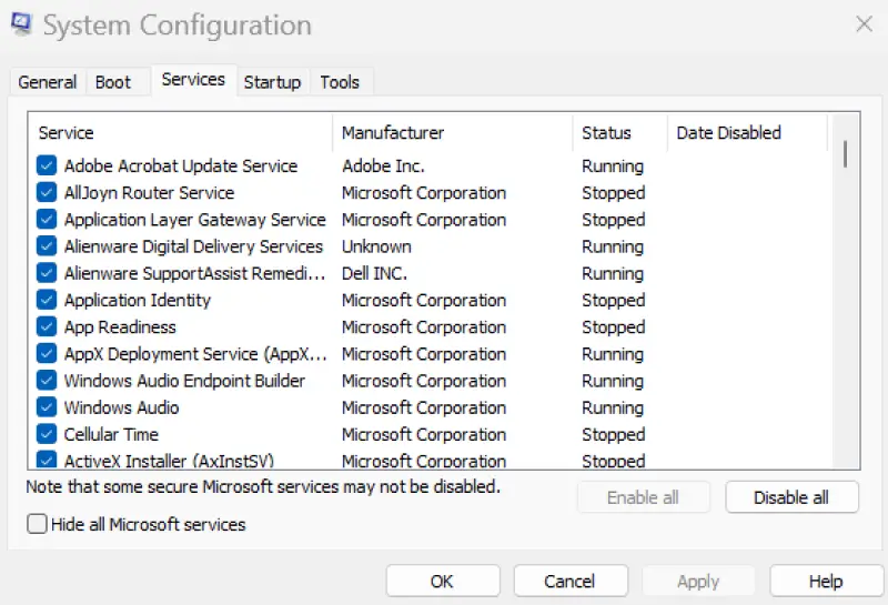 A screenshot showing the option to hide all Microsoft services in System Configuration on Windows 11.