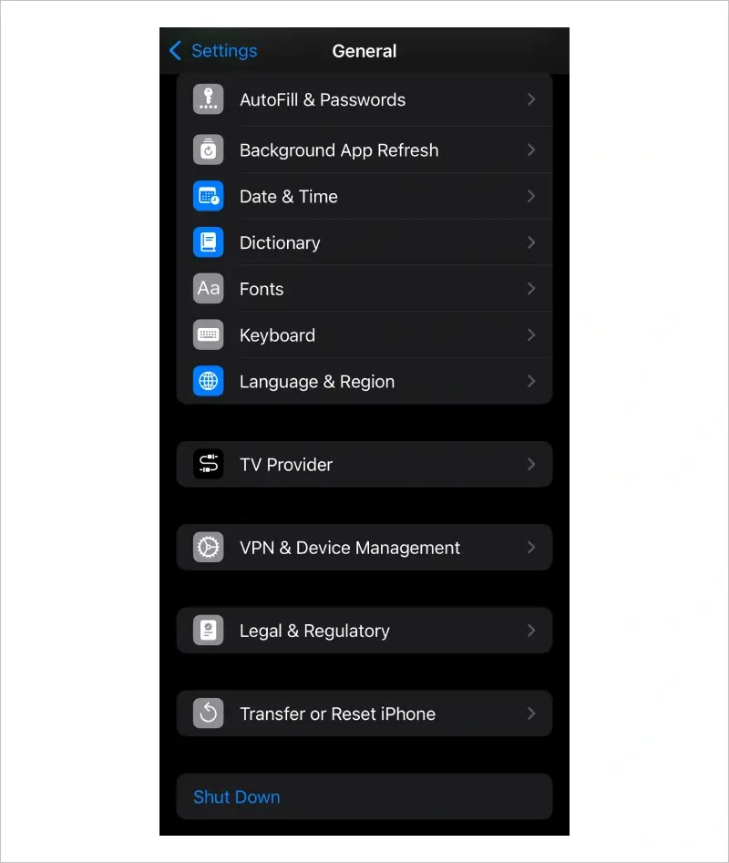 Screenshot showing the option to Transfer or Reset iPhone in General settings.