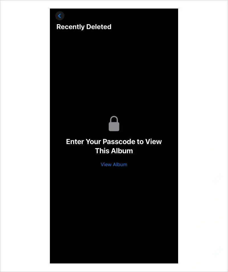 Screenshot of a locked Recently Deleted album in the iPhone’s Photos app. 