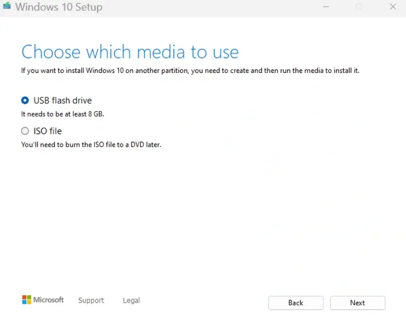 A screenshot showing options for which installation media to use.