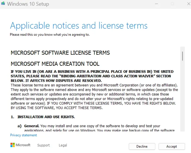 A screenshot showing the license terms of Windows 10.