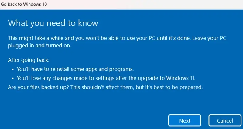 A note on potential consequences of downgrading to Windows 10.