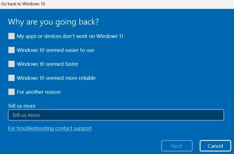 A menu asking for the reason for going back to Windows 10.