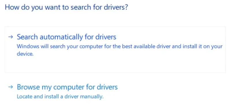 A screenshot showing options to search for drivers on Windows 10.