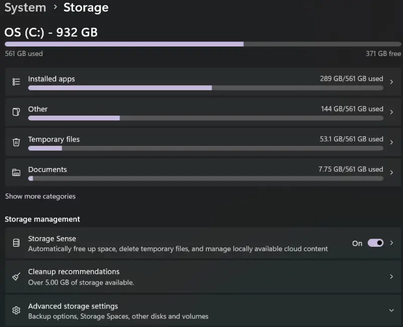 A screenshot of Storage settings on Windows 11.