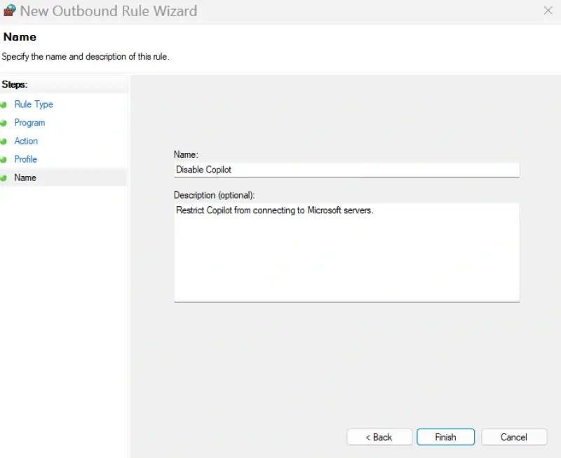 A screenshot showing the creation of a rule to disable Copilot in Windows Defender Firewall.