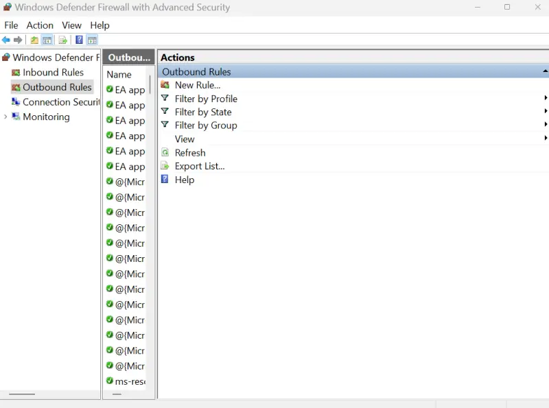 A screenshot showing the location of Outbound Rules in Windows Defender Firewall.