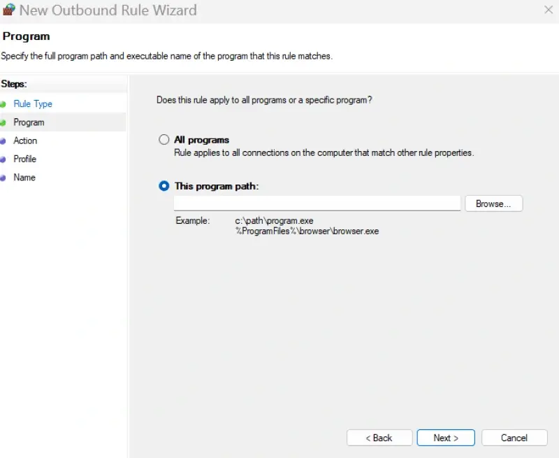 A screenshot showing the option to select a program path in Windows Defender Firewall.