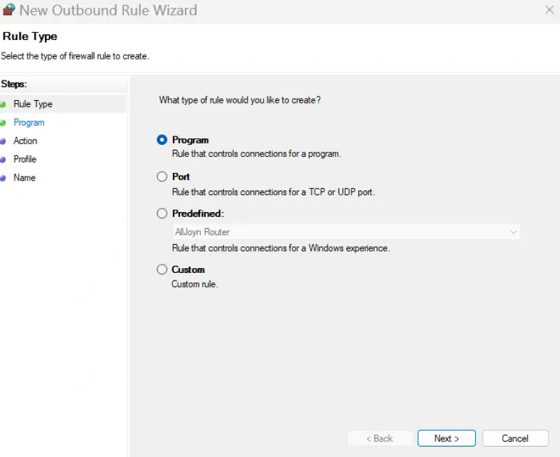 A screenshot showing the option to set program rules in Windows Defender Firewall.