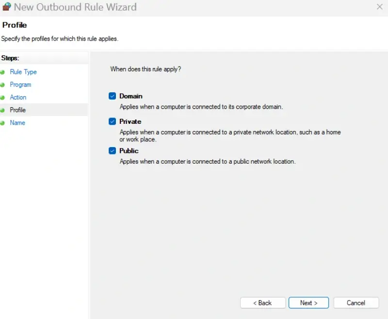 A screenshot showing how to apply program rules in Windows Defender Firewall.