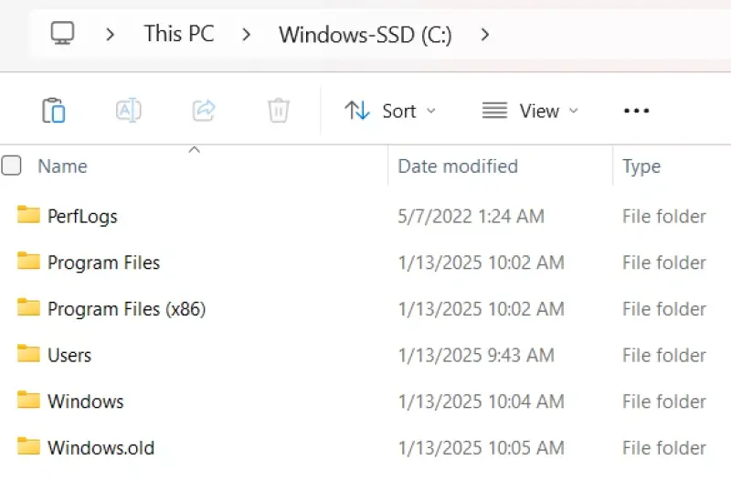 A screenshot showing the windows.old folder after upgrading to Windows 11.