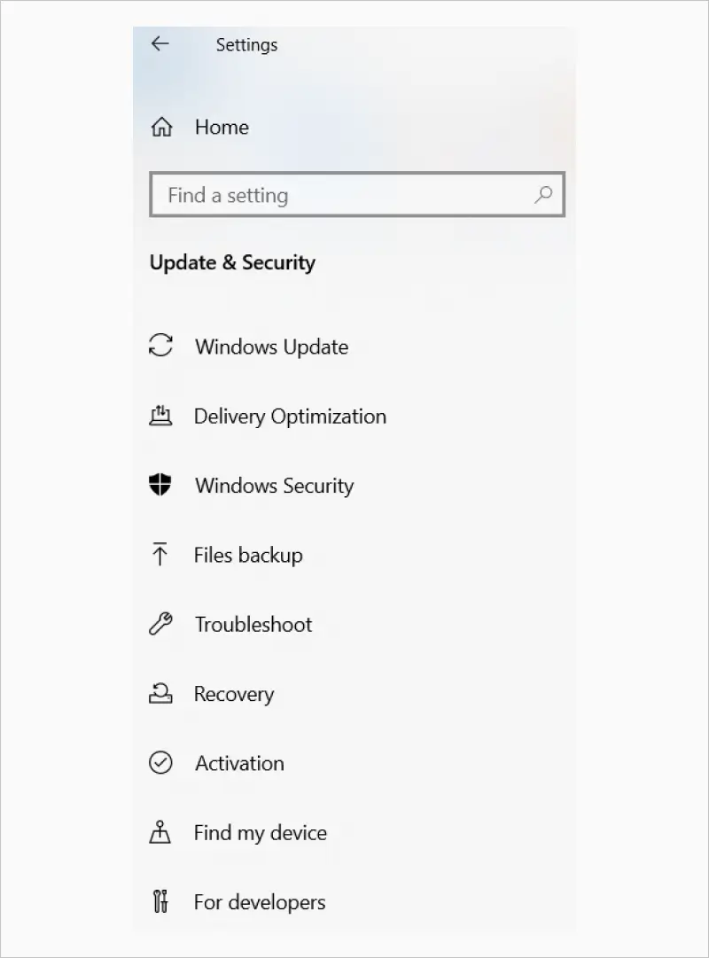 A screenshot showing the Windows Update option in the Update & Security menu.