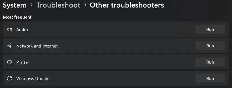 A screenshot showing the option to run the Windows Update Troubleshooter on Windows 11.